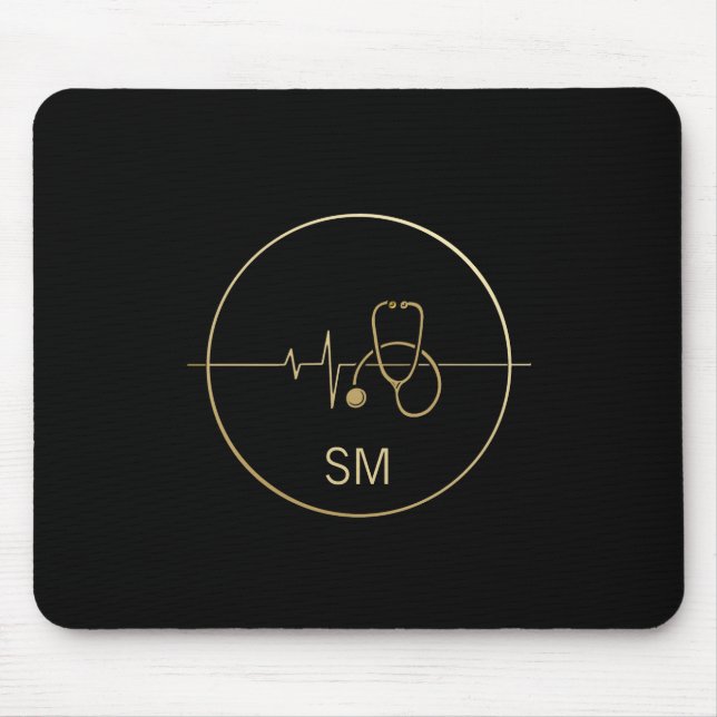 Monogram Black Gold Medical Stethoscope Heartbeat Mouse Pad (Front)