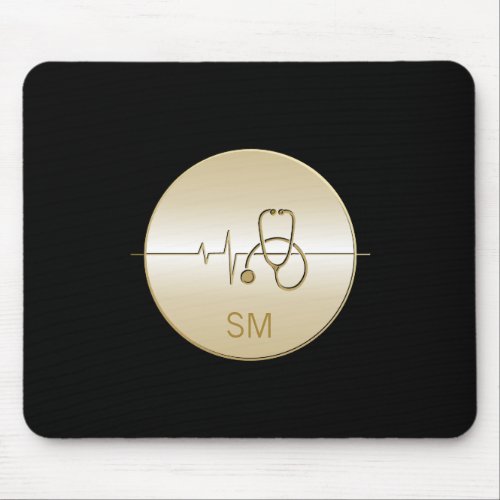 Monogram Black Gold Medical Stethoscope Heartbeat Mouse Pad