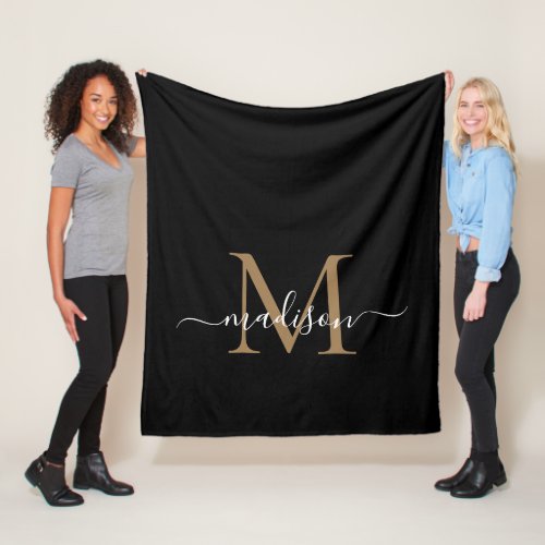 Monogram Black Gold Modern Girly Elegant Script Fleece Blanket