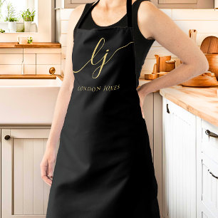 Monogram Black Gold Modern Minimal Calligraphy Apron