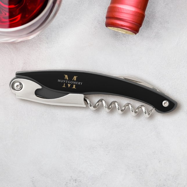 Monogram Black Gold Modern Minimal Waiter's Corkscrew (Creator Uploaded)