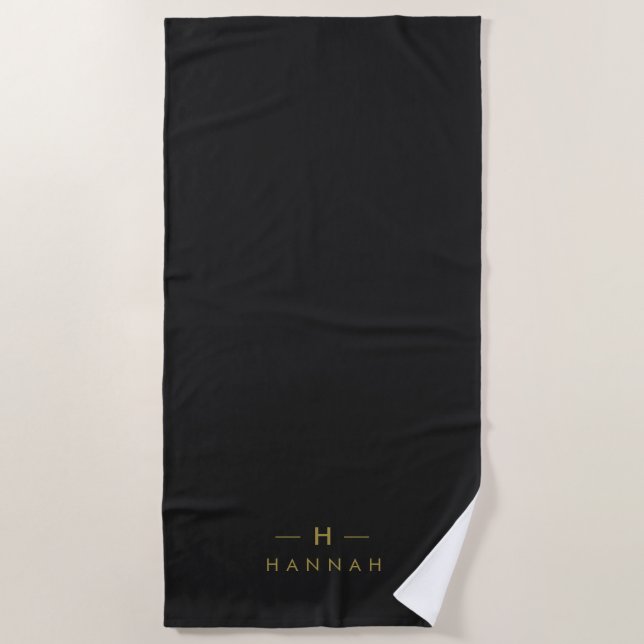 Monogram Black Gold | Modern Minimalist Elegant Beach Towel (Front)
