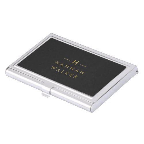 Monogram Black Gold  Modern Minimalist Elegant Business Card Case