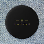 Monogram Black Gold | Modern Minimalist Elegant Button<br><div class="desc">A simple stylish custom monogram design in a gold modern minimalist typography on an off black background. The monogram initials and name can easily be personalized along with the feature line to make a design as unique as you are! The perfect bespoke gift or accessory for any occasion.</div>
