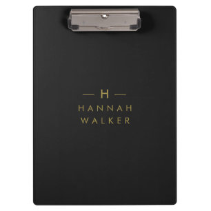 Monogram Black Gold Modern Minimalist Elegant Clipboard
