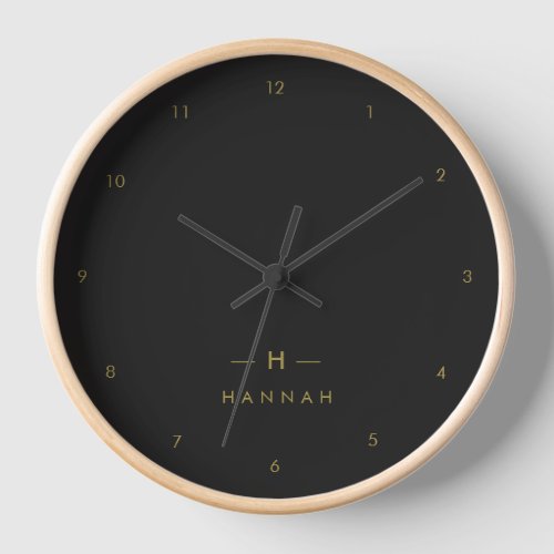Monogram Black Gold  Modern Minimalist Elegant Clock