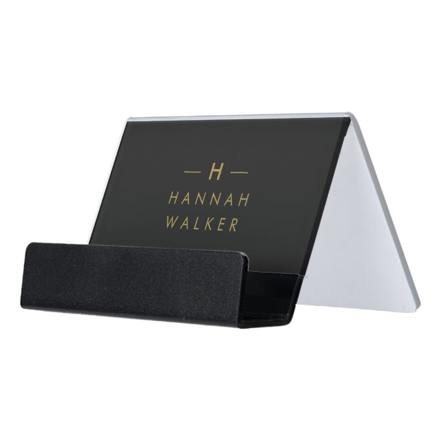 Monogram Black Gold | Modern Minimalist Elegant Desk Business Card Holder (Angled Front)