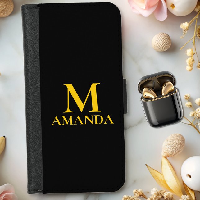 Monogram black gold modern minimalist elegant iPhone wallet case (Creator Uploaded)