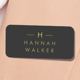 Monogram Black Gold   Modern Minimalist Elegant Name Tag