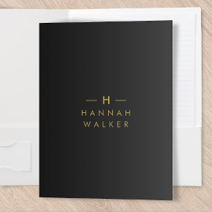 Monogram Black Gold Modern Minimalist Elegant Pocket Folder