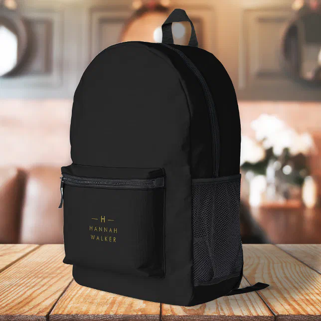Monogram Black Gold | Modern Minimalist Elegant Printed Backpack | Zazzle