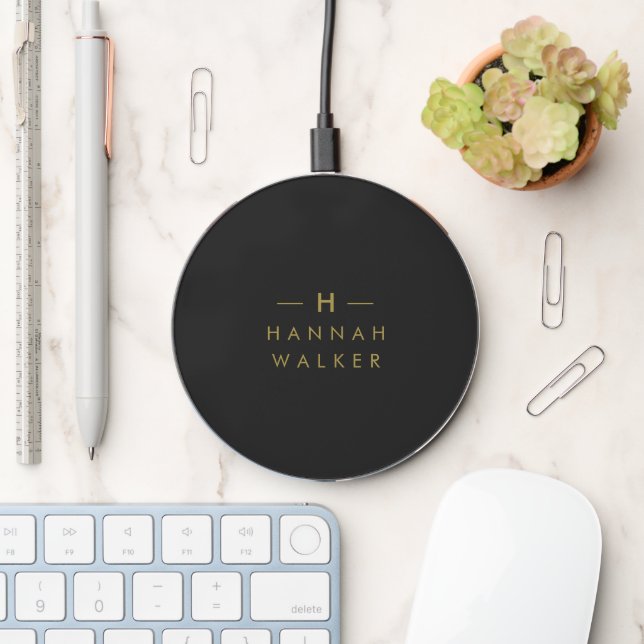 Monogram Black Gold | Modern Minimalist Elegant Wireless Charger (Desk)