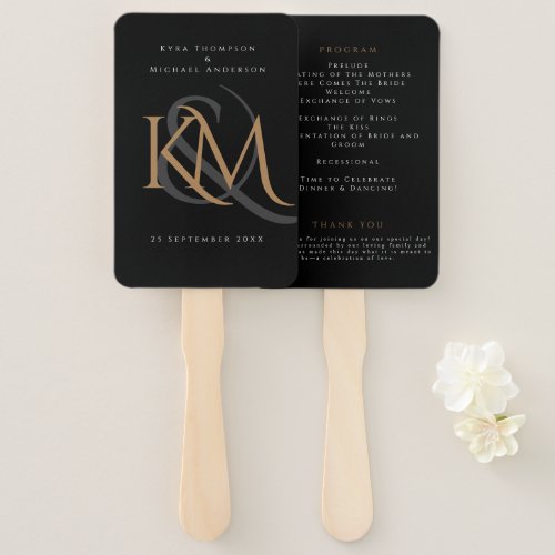 Monogram Black Gold Modern Simple Wedding Program Hand Fan