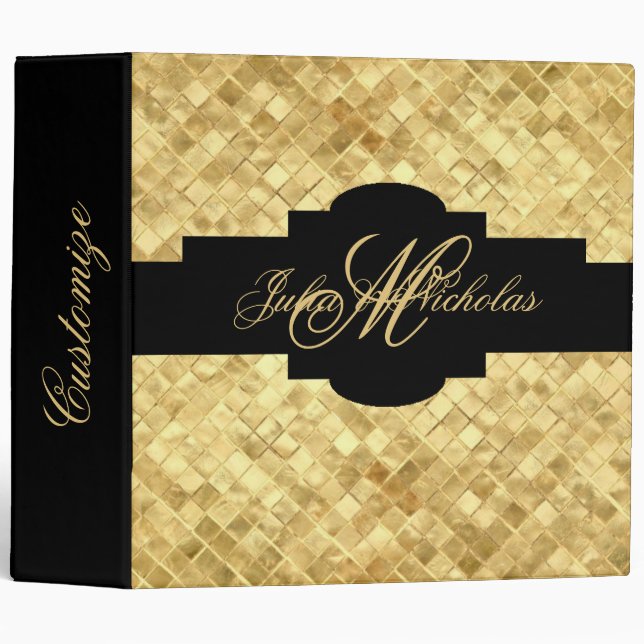 Monogram Black & Gold Mosaic Tiles Binder (Front/Spine)