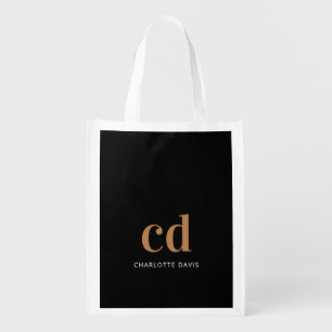 Monogram black gold name elegant modern grocery bag