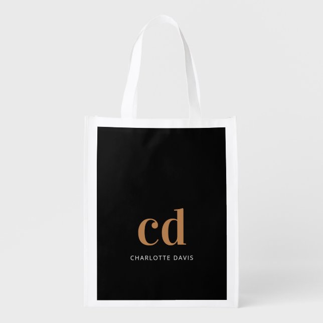 Monogram black gold name elegant modern grocery bag (Front)