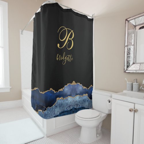 Monogram Black Gold Navy Agate Geode Shower Curtain