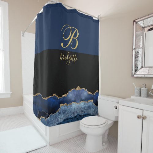 Monogram Black Gold Navy Agate Geode Shower Curtain