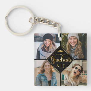 Monogram Black Gold Photo Collage Graduation Keychain