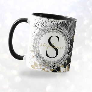 Monogram Black Gold Roses Diamonds Luxury Stylish Mug