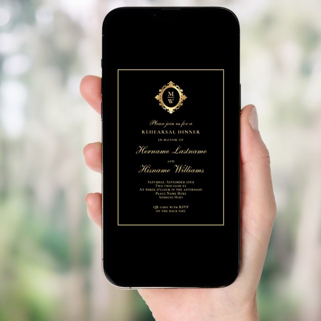 Monogram Black Gold RSVP QR Code Rehearsal Dinner Invitation (Front Digital)
