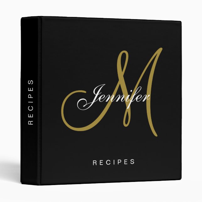 Monogram Black Gold Script Elegant Name Recipe 3 Ring Binder (Front/Spine)