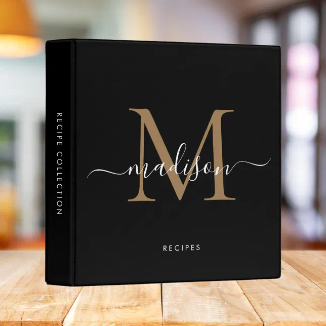 Monogram Black Gold Script Name Kitchen Recipe 3 Ring Binder | Zazzle