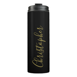 Monogram Black Gold Script Name Minimalist Men  Thermal Tumbler