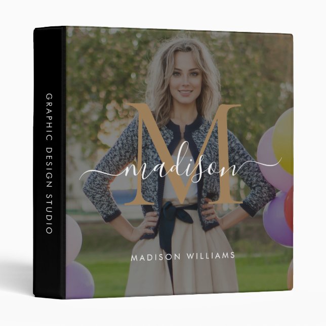 Monogram Black Gold Script Office School Photo 3 R Ring Binder (Front/Spine)