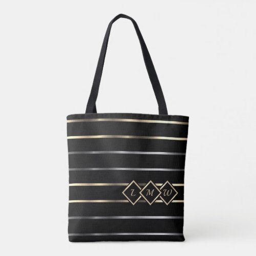 Monogram _ Black Gold Silver Stripes Tote Bag