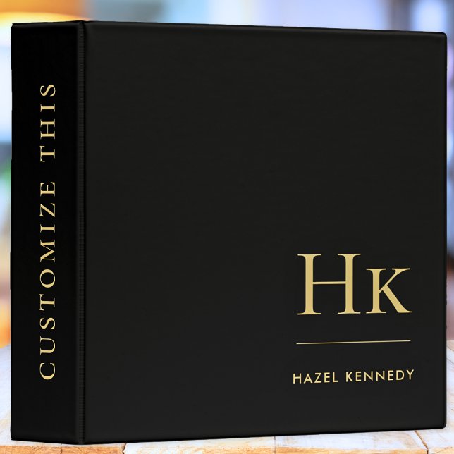 Monogram | Black Gold Simple Elegant Initials 3 Ring Binder (Creator Uploaded)