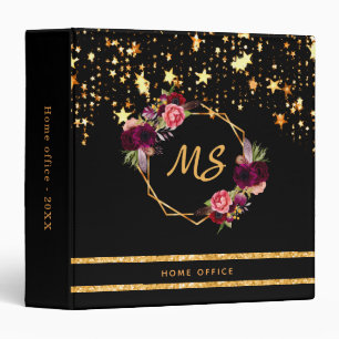 Monogram black gold stars glitter florals office 3 ring binder
