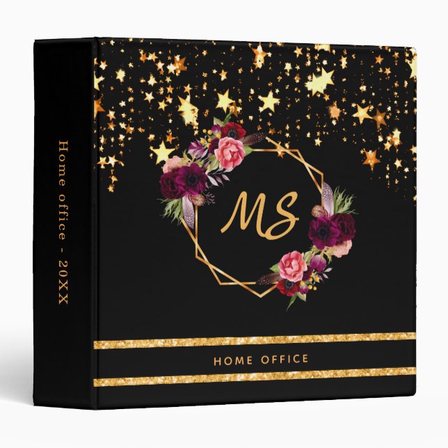 Monogram black gold stars glitter florals office 3 ring binder (Front/Spine)