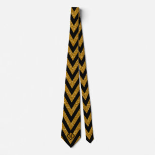 Monogram Black & Gold Stripes Glitter Design Men Neck Tie