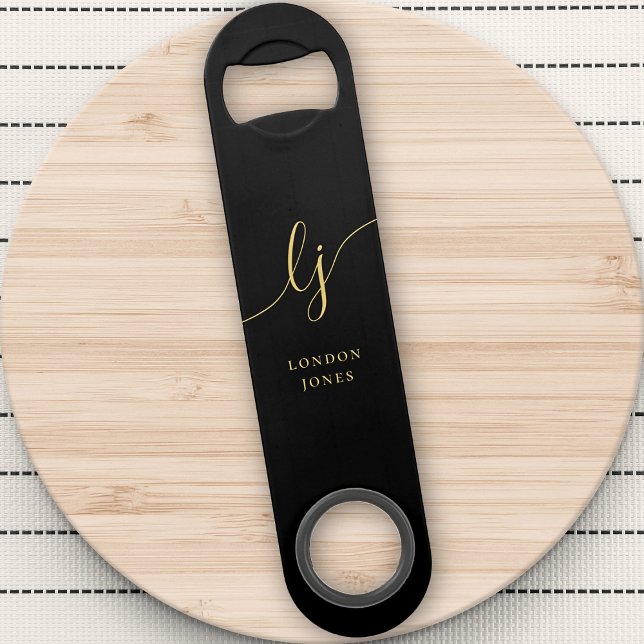 Monogram Black Gold Stylish Modern Minimalist Bar Key (Creator Uploaded)