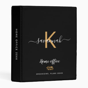 Monogram black gold typography office school mini binder