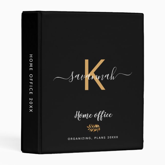 Monogram black gold typography office school mini binder (Front/Spine)