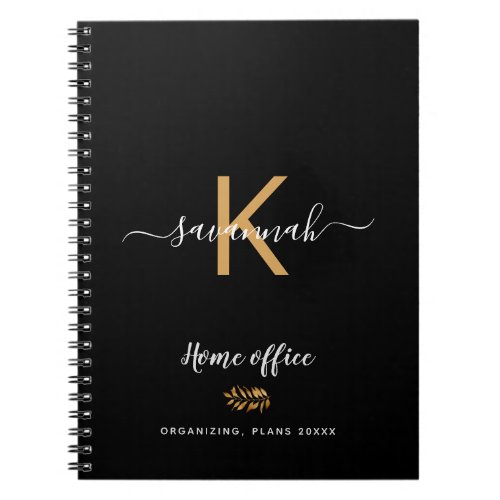 Monogram black gold typography office school notebook