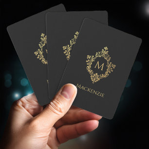 Monogram Black Gold Vintage Crest Elegant Initial Poker Cards