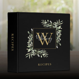 Monogram Black Gold Watercolor Greenery Recipe 3 Ring Binder