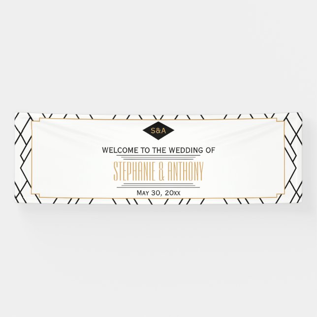 Monogram Black, Gold, White Art Deco Wedding Banner (Horizontal)