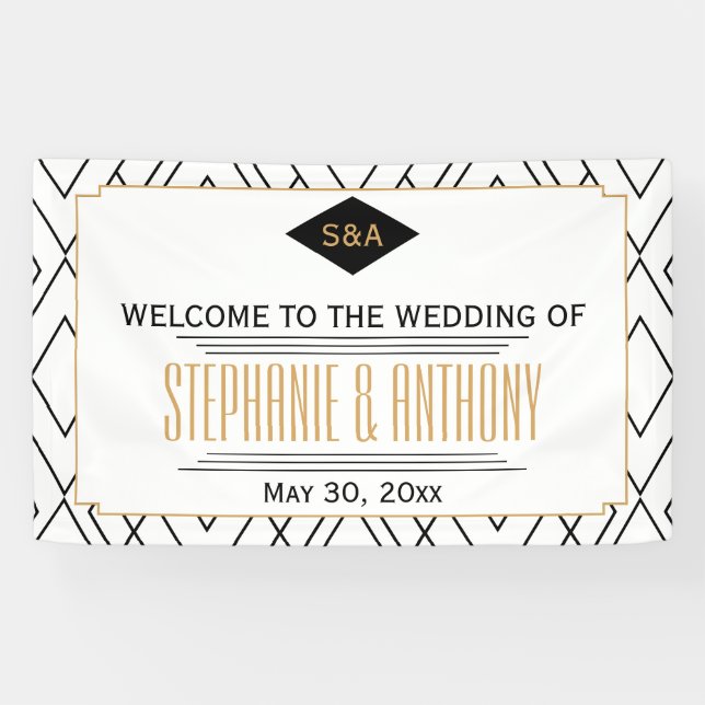 Monogram Black, Gold, White Art Deco Wedding Banner (Horizontal)
