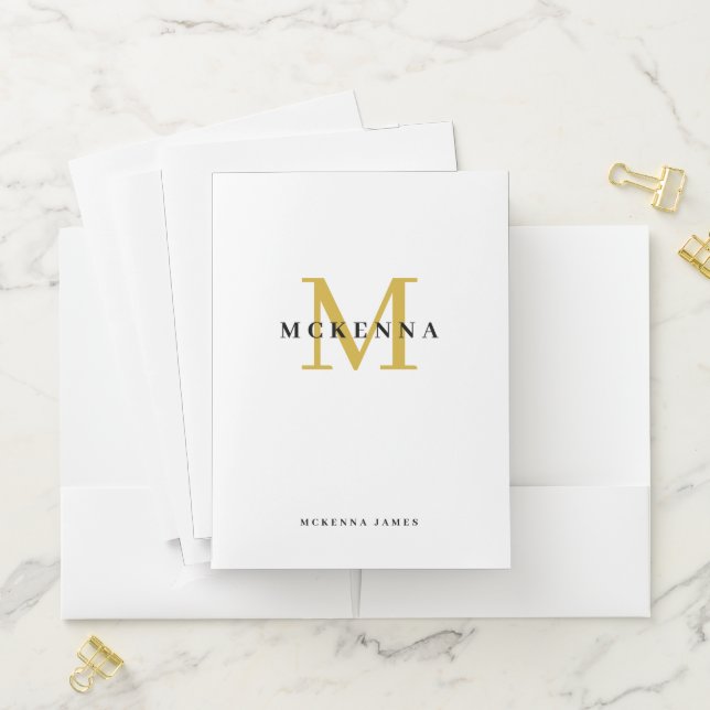 Monogram Black Gold White Initial Personalized Pocket Folder (In Situ)