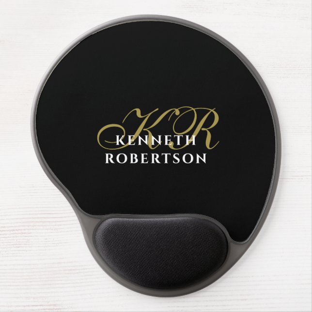 Monogram Black Gold White Minimalist Elegant  Gel Mouse Pad (Front)