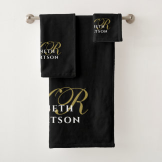 Monogram Black Gold White Minimalist Elegant Men Bath Towel Set