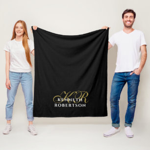 Monogram Black Gold White Minimalist Elegant Men  Fleece Blanket