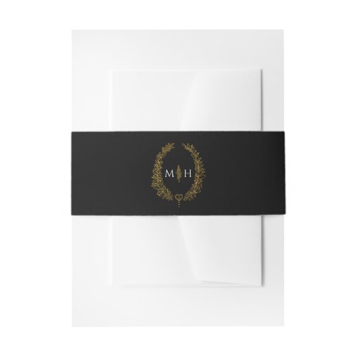 Monogram black gold white oval leaves invitation belly band