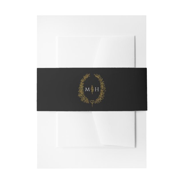 Monogram black gold white oval leaves invitation belly band (Front Example)