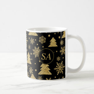 Monogram Black Golden Christmas Tree Snowflakes Coffee Mug