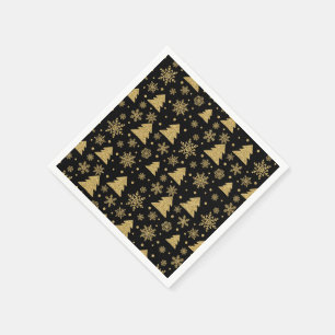 Monogram Black Golden Christmas Tree Snowflakes Napkins